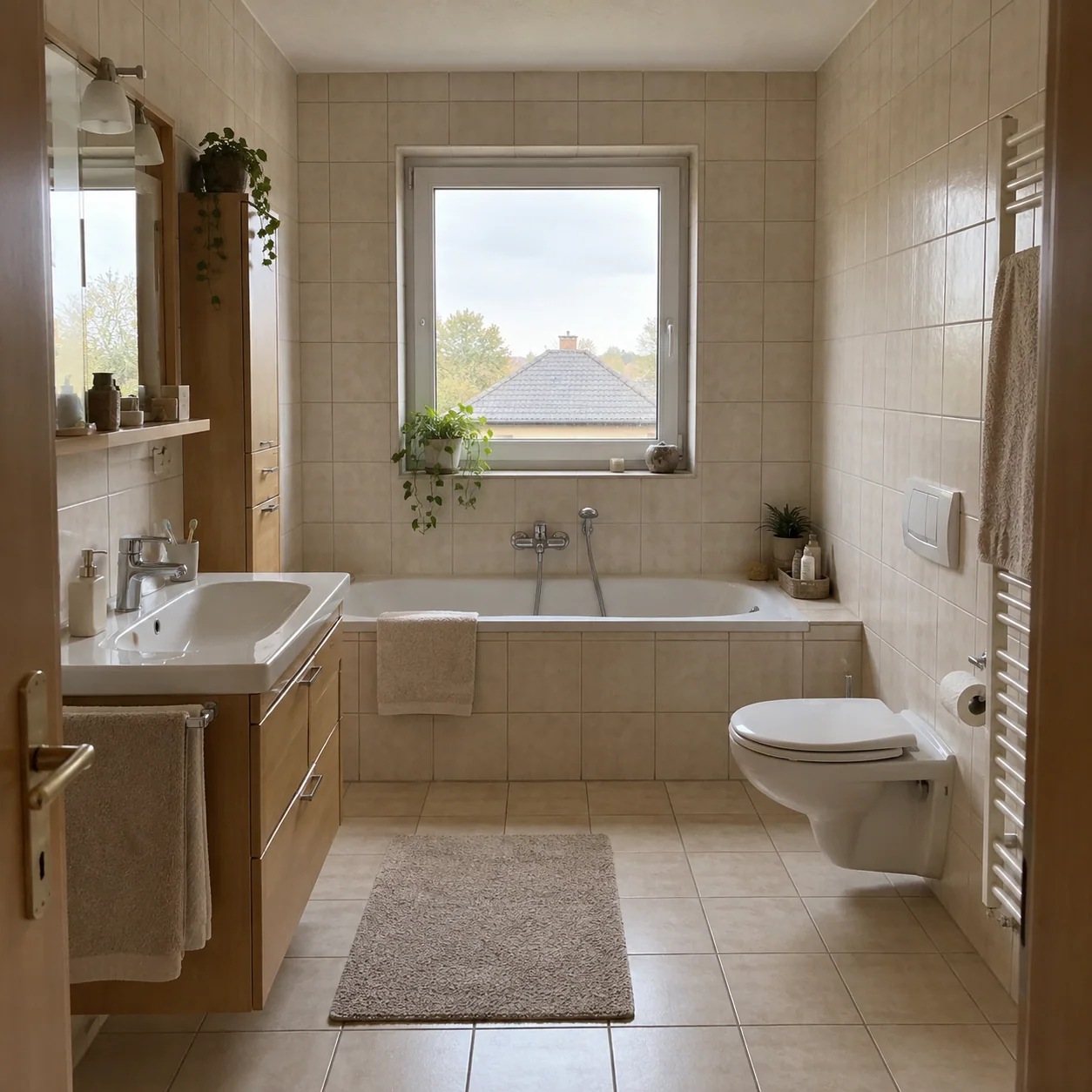 Älteres Badezimmer mit kleinen beigen Fliesen, Holzwaschtisch und Badewanne