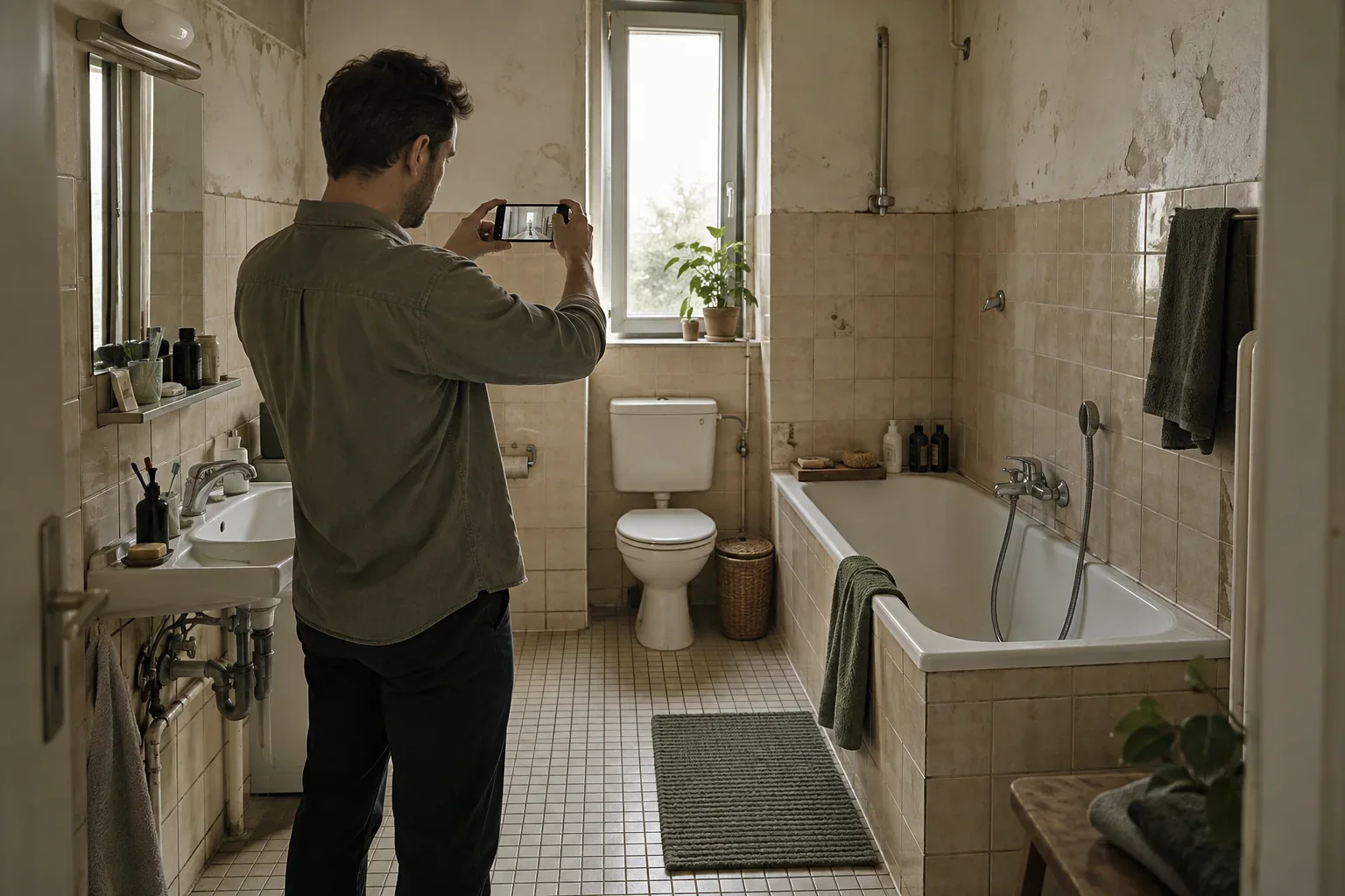 Beispielszene: Kunde fotografiert sein renovierungsbedürftiges Badezimmer