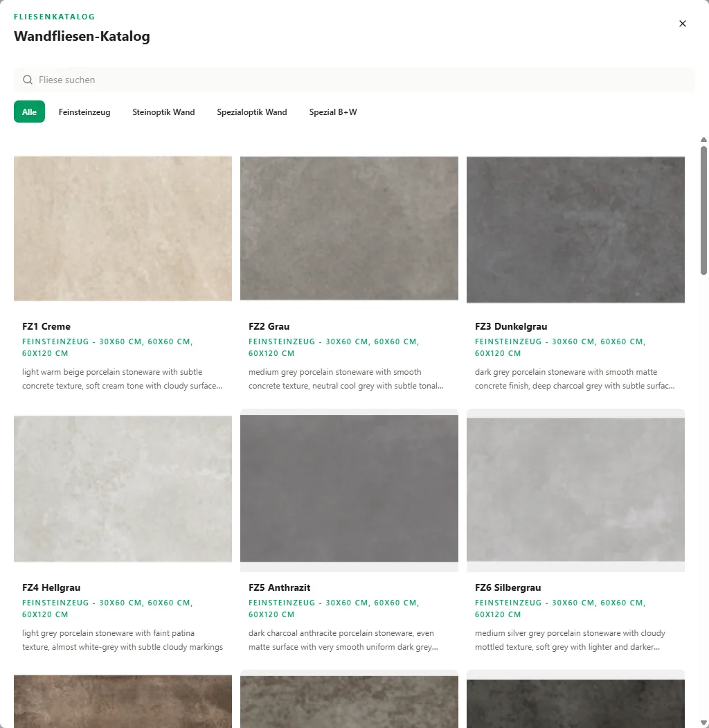Wandfliesen-Katalog im Visualizer mit Materialbildern, Formaten und Suchfeld